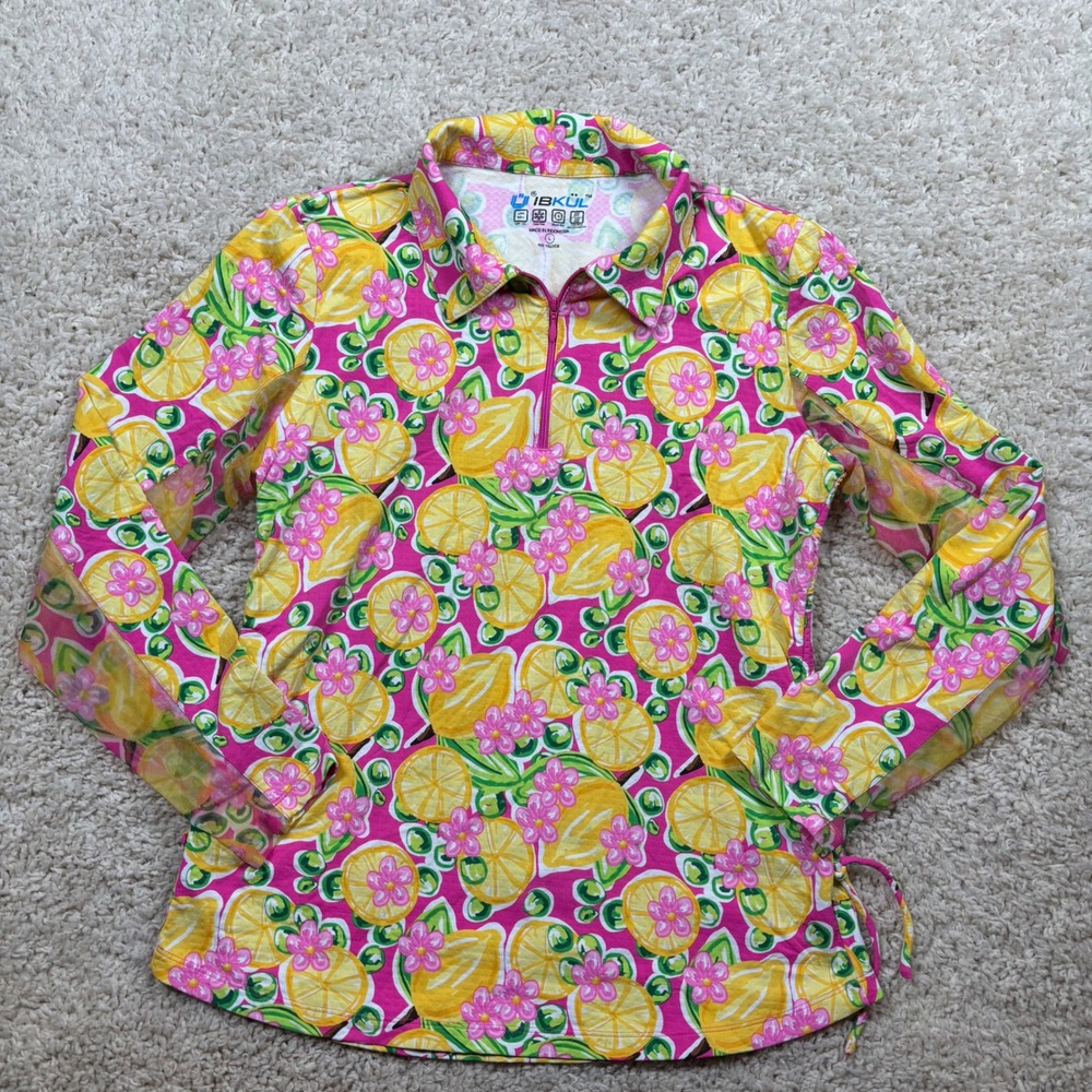 IBKUL Pink Yellow Green Citrus Floral Long Sleeve Polo